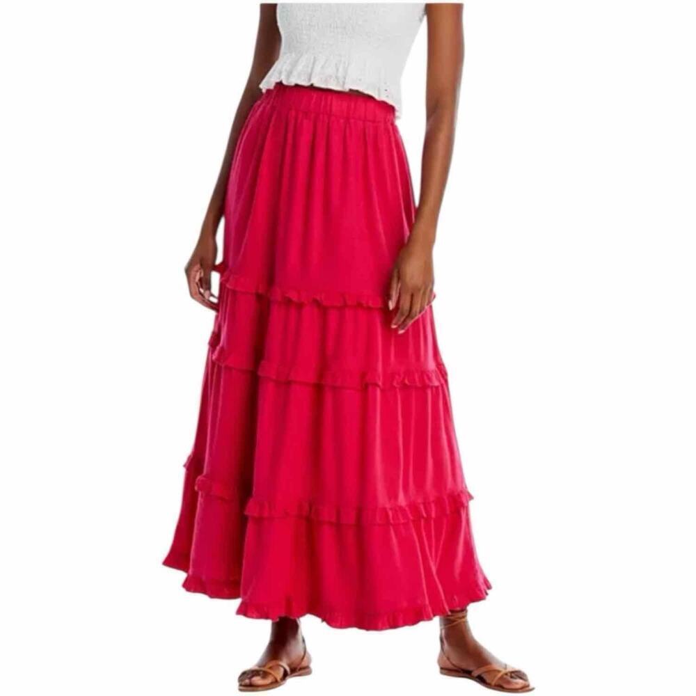 Cupio Ruffle Tiered Maxi Modest Linen Blend Skirt Size Medium Elastic Waist